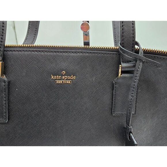 Kate Spade New York Black Leather Tote Bag With Gold Hardware & Striped Interior - Picture 3 of 9